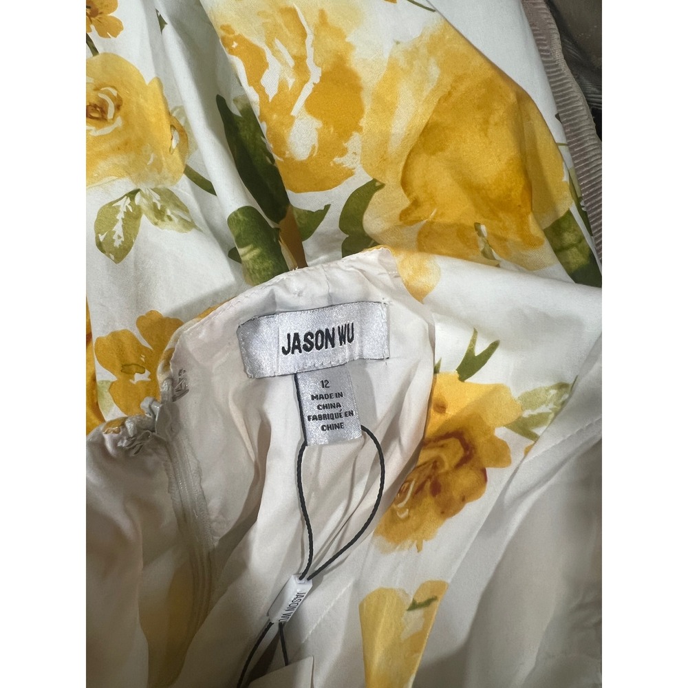 Jason Wu Women White Yellow Rose Floral Square Neck Midi Dress | Size 12 - Picture 7 of 7